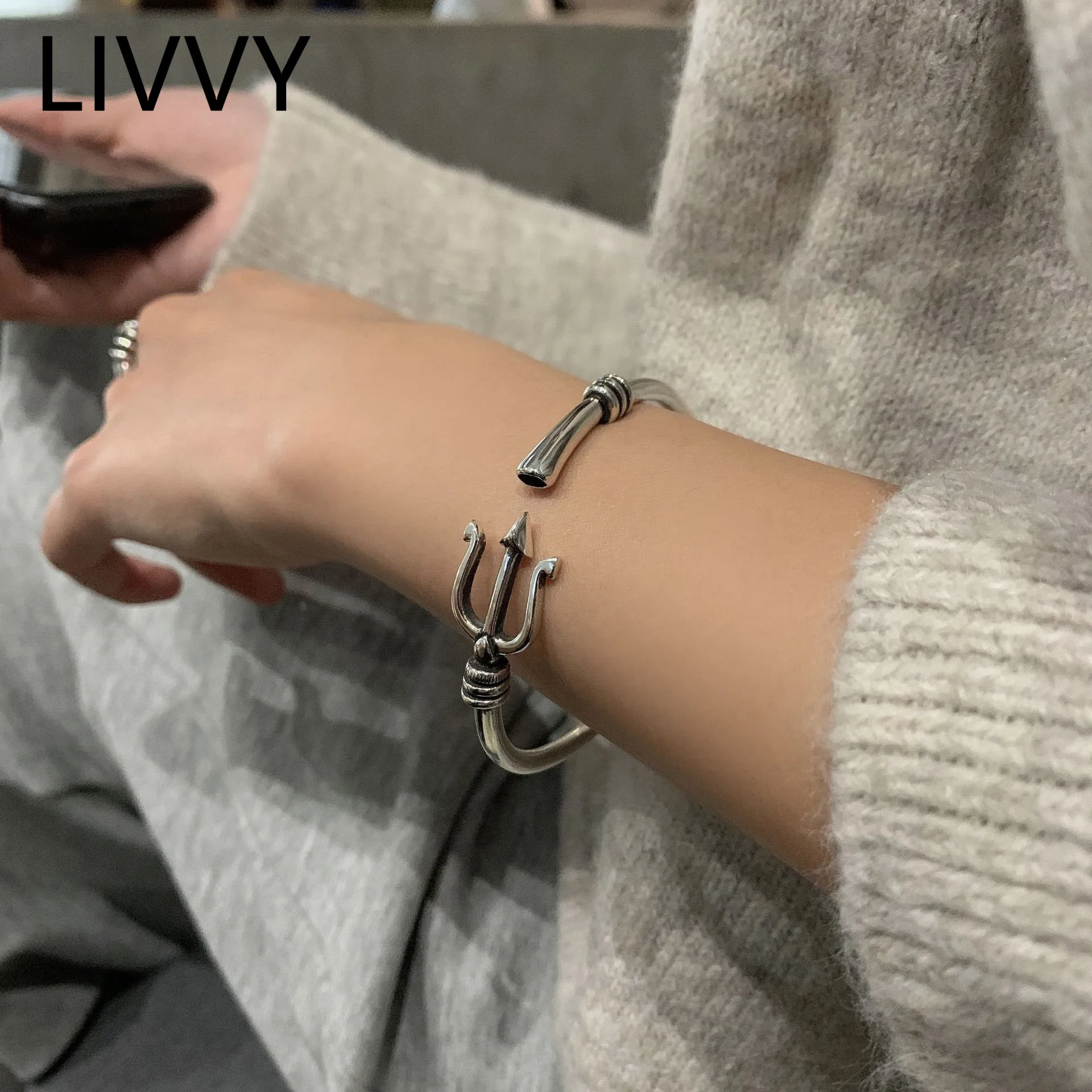 

LIVVY Silver Color Vintage Harpoon Open Bracelet For Women Man Trendy Creative Design Punk Party Jewelry Gifts
