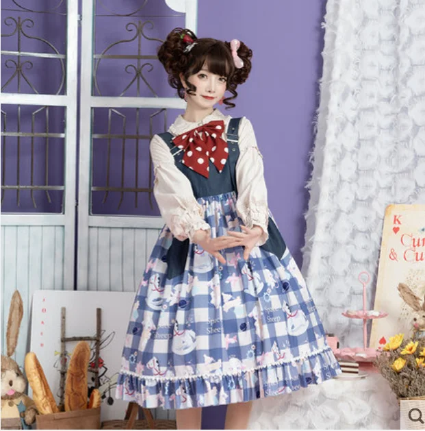 เจ้าหญิงชุดวิคตอเรียสาว Kawaii หวาน Lolita สาย Vintage Bowknot น่ารักพิมพ์สูงเอวโกธิค Lolita Cos Loli