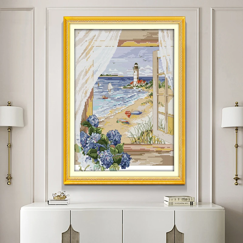 The view from the window counted 11CT 14CT Cross Stitch Kit Set DIY DMC The sea Cross-stitch Embroidery Needlework Home Decor