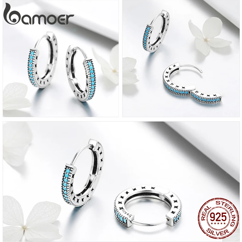 Bamoer حقيقية 925 فضة الأزرق الفيروز الجوف ستار هوب أقراط للنساء هندسية الفضة الأذن أبازيم مجوهرات هدية #3