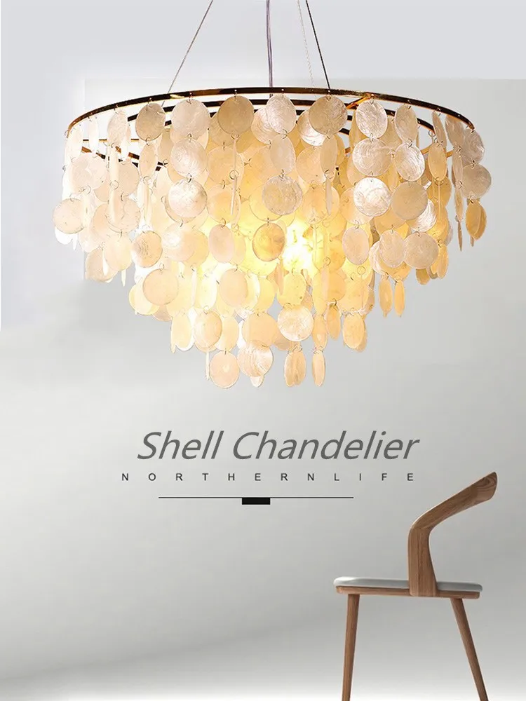 White Nature Shell Chandelier Nordic Restaurant Hotel E14 Pendant Lamp Gold Metal Hanging Light Fixture Home Luminaire Suspensio