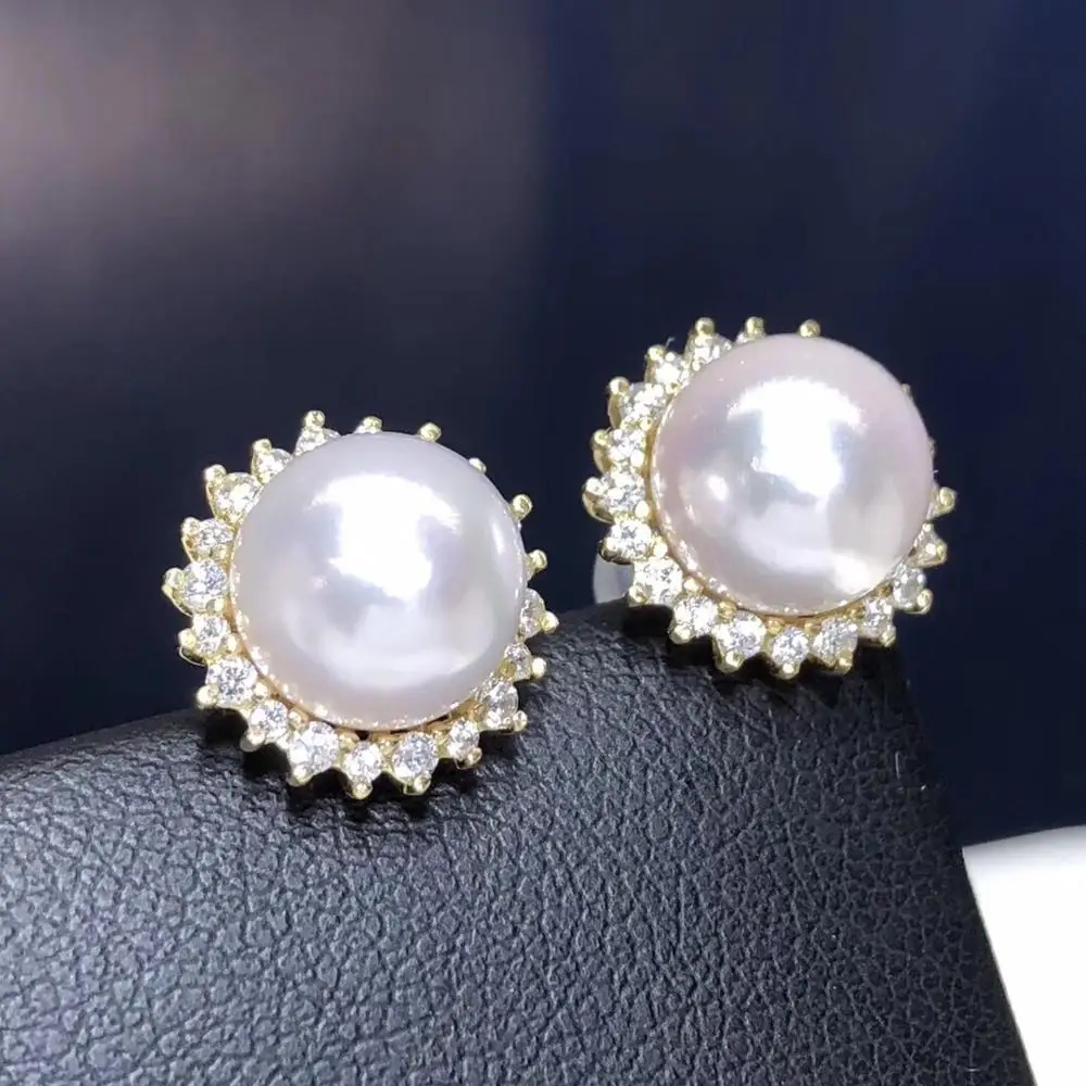 Fine Jewelry Pure 18 K White Gold Natural Japan Origin Akoya 9-8mm White Round Pearl Earrings for Women Fine Pearl Earrings