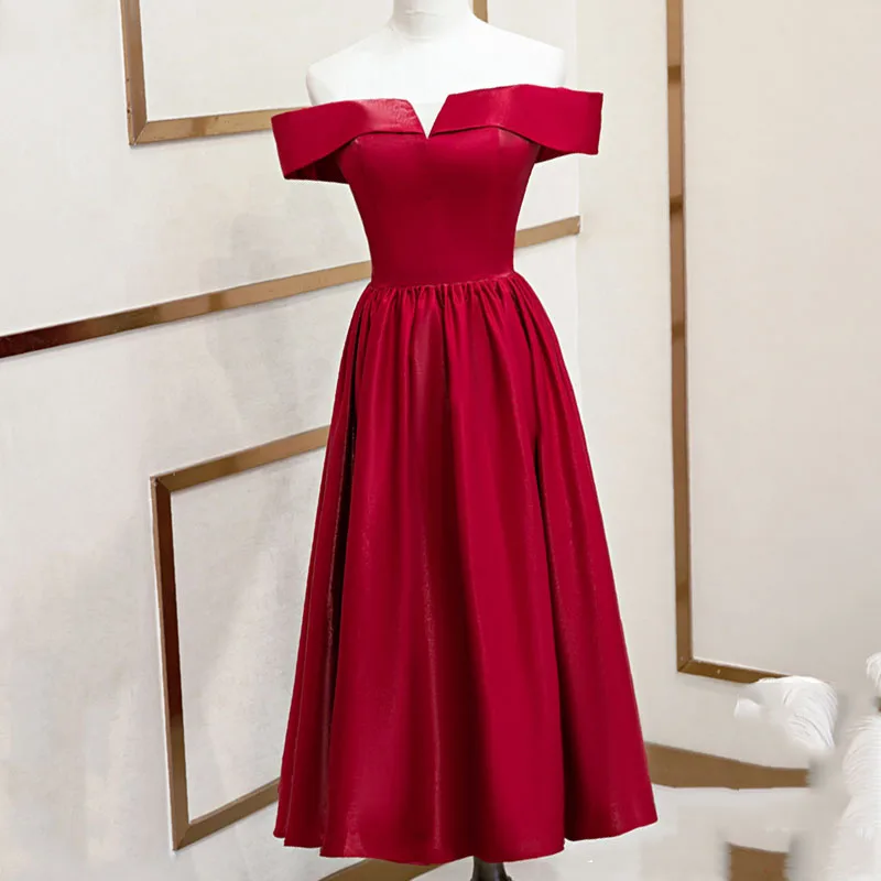 

Evening Dress Simple Off The Shoulder Tea-Length Lace Up Pleat A-Line Burgundy Boat Neck New Party Formal Dresses Woman B1228