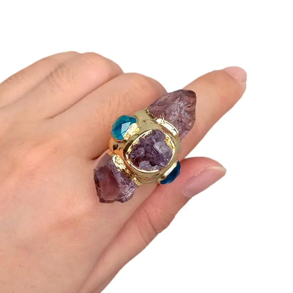 KKGEM  23x40mm Natural Purple Amethyst Point Druzy Rough Blue Crystal Ring Gold Plated Adjustable Gems Ring