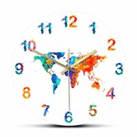 World Map Watercolor Decorative Silent Wall Clock Flat Earth Minimalist Print Digital Art Hanging Wall Watch Gift for Traveler