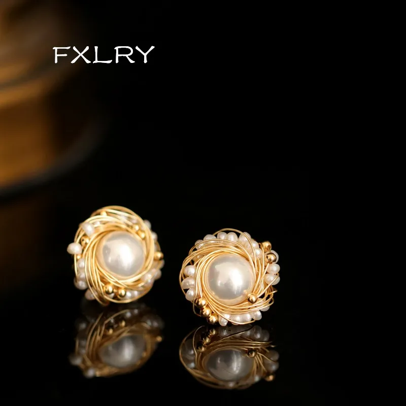 

FXLRY High-end Handmade Baroque pearl personality Hand-wound small stud earrings For women jewelry accessory