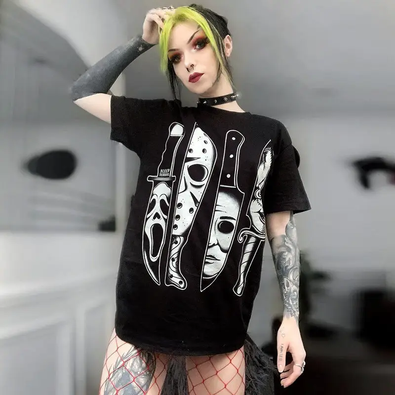 Harajuku y2k streetwear tops impressão dos desenhos animados t-shirts moda casual preto algodão punk gótico vintage solto manga curta