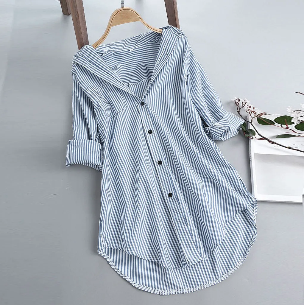 2024 New Woman Tops Blouses Chic Stripe Long Sleeve Turn-down Collar Button Loose Top Shirt Blouse Blusas Tallas Grandes