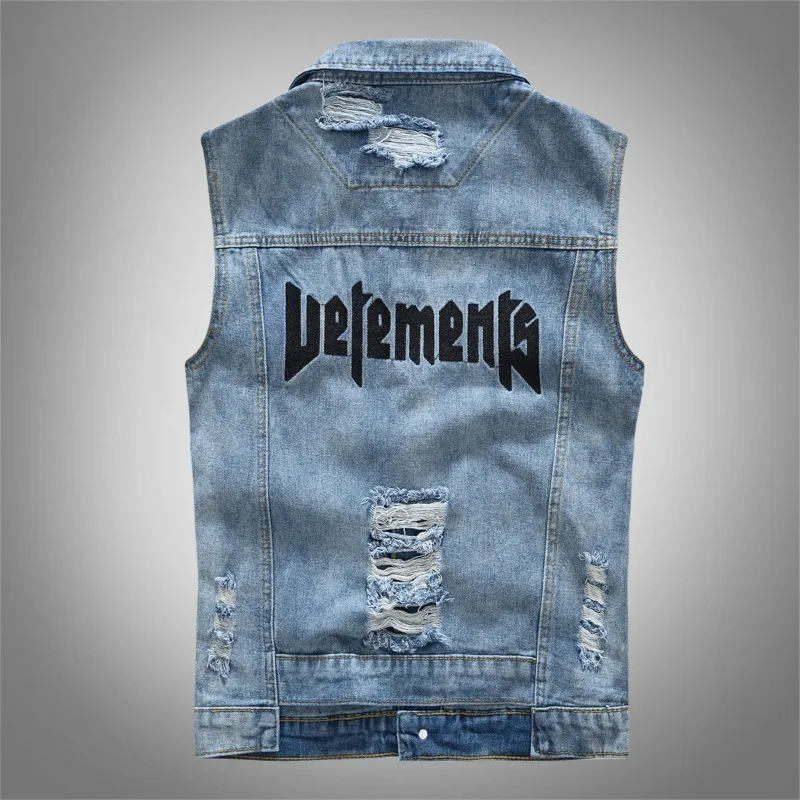 

Blue Denim Vest Men Distressed Solid Color Pockets Cowboy Ribbons Male Coats Jacket Fashion Vinatge Casual Tide Clothing M-5XL