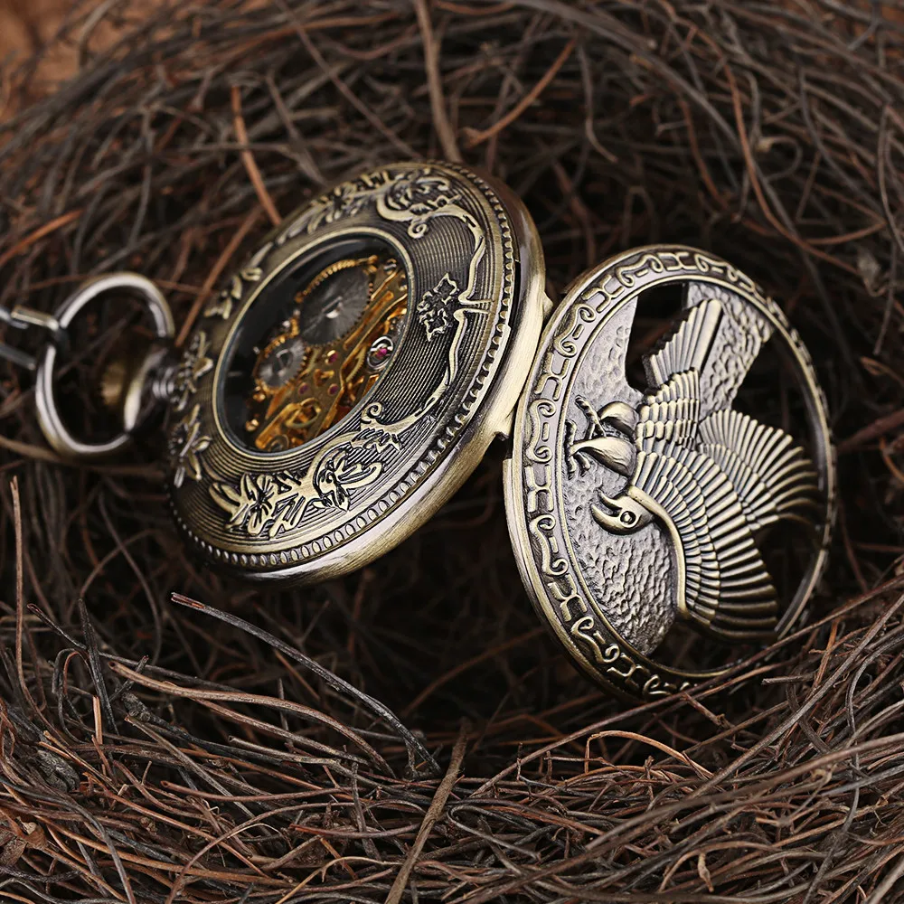 Steampunk Bronze Retro Eagle Blue Roman Numerals Mechanical Pocket Watch Transparent Skeleton Hand Winding Pocket Clock reloj