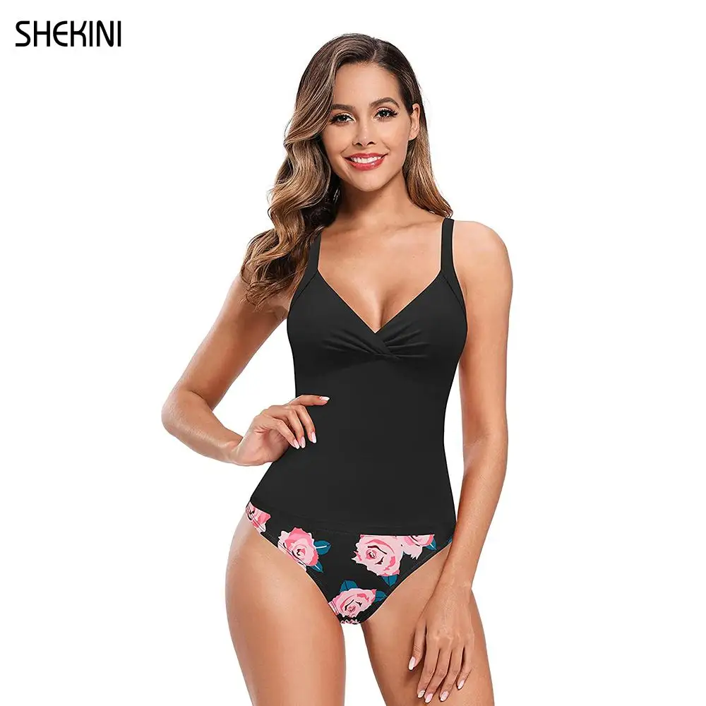 SHEKINI Women's V Neck Ruched Tankini Set Swimsuits Low Waist Print Bottom Two Piece Swimsuit Sexy Bathing Suits Beach Swimwear