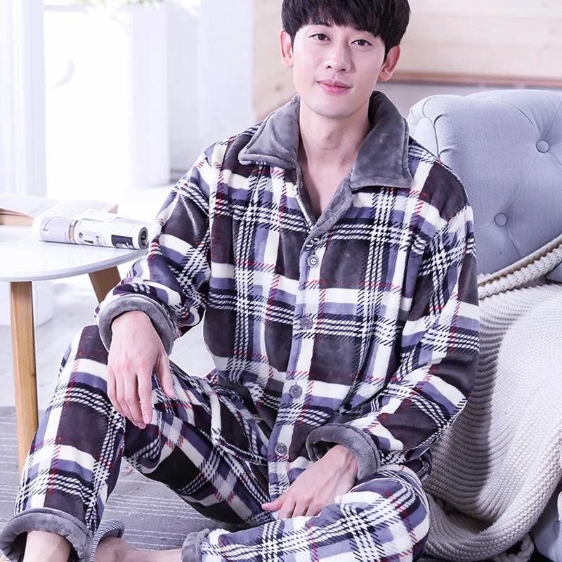 H5752 Fall Winter Coral Fleece Pajamas Men Long Sleeve Flannel Plus Velvet Warm Homewear Suit Male Casual Comfortable Sleepwear