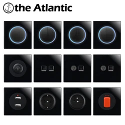 Light Switch With LED Indicator EU FR Power Socket Outlet Reset Switch Push Button Switch TV RJ45 Black Glass Light Switches