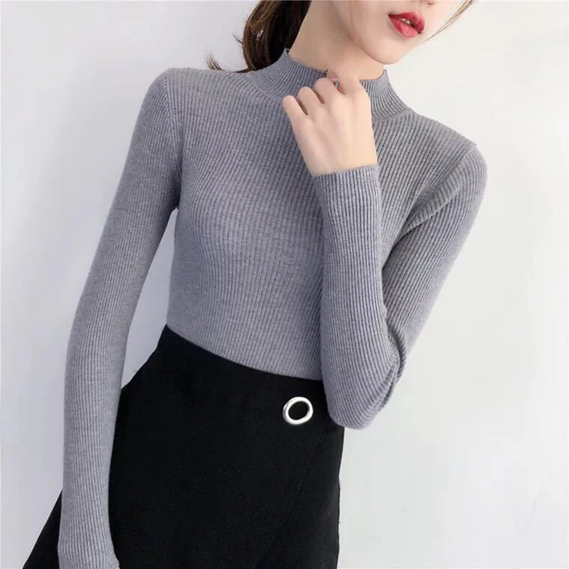 Winter Elegant Solid Long Sleeve Knitting Sweater Korean Chic Elasticity Slim Pullover Turtleneck Jumpers Women\'s Clothes 2020