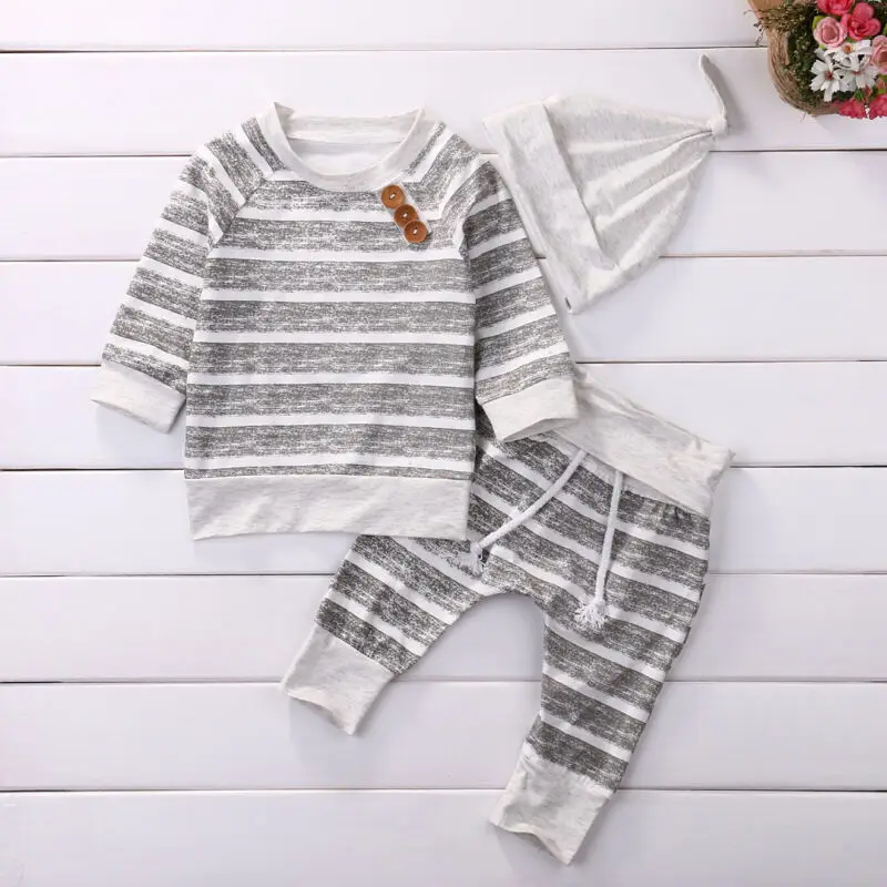 CANIS 3pcs Newborn Baby Boy Girls Kids Infant Long Sleeve Striped tops pants Lovely Hat 3pcs Outfits Set Clothing