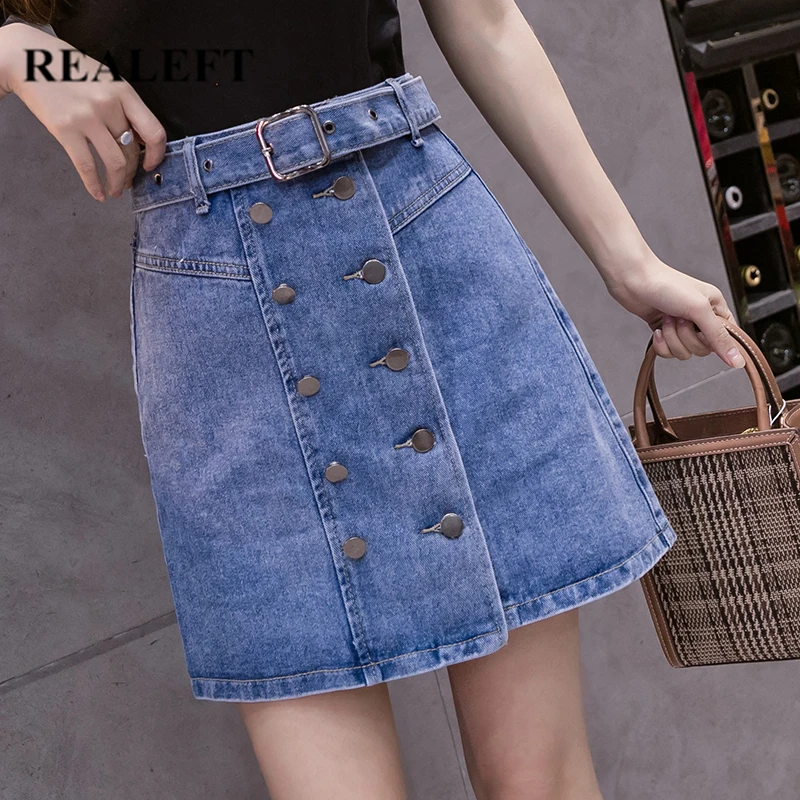 

REALEFT Spring Summer 2021 New Women Denim Wrap Skirts with Belted Double Breasted Blue High Waist Chic A-Line Skirts Female