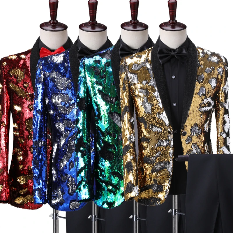 Luxury Gold Flipping Sequins Tuxedo Blazers Men's Suit Jackets Host Singer Chorus Wedding Party Stage Blazer Nightclub Costume