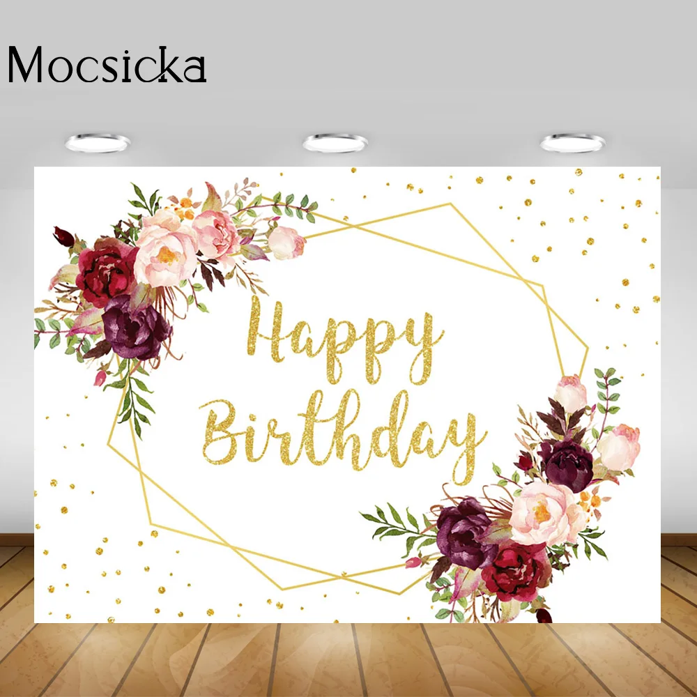 Cat air bunga selamat ulang tahun latar belakang emas titik-titik bunga putih pesta kue ulang tahun meja Photocall alat peraga