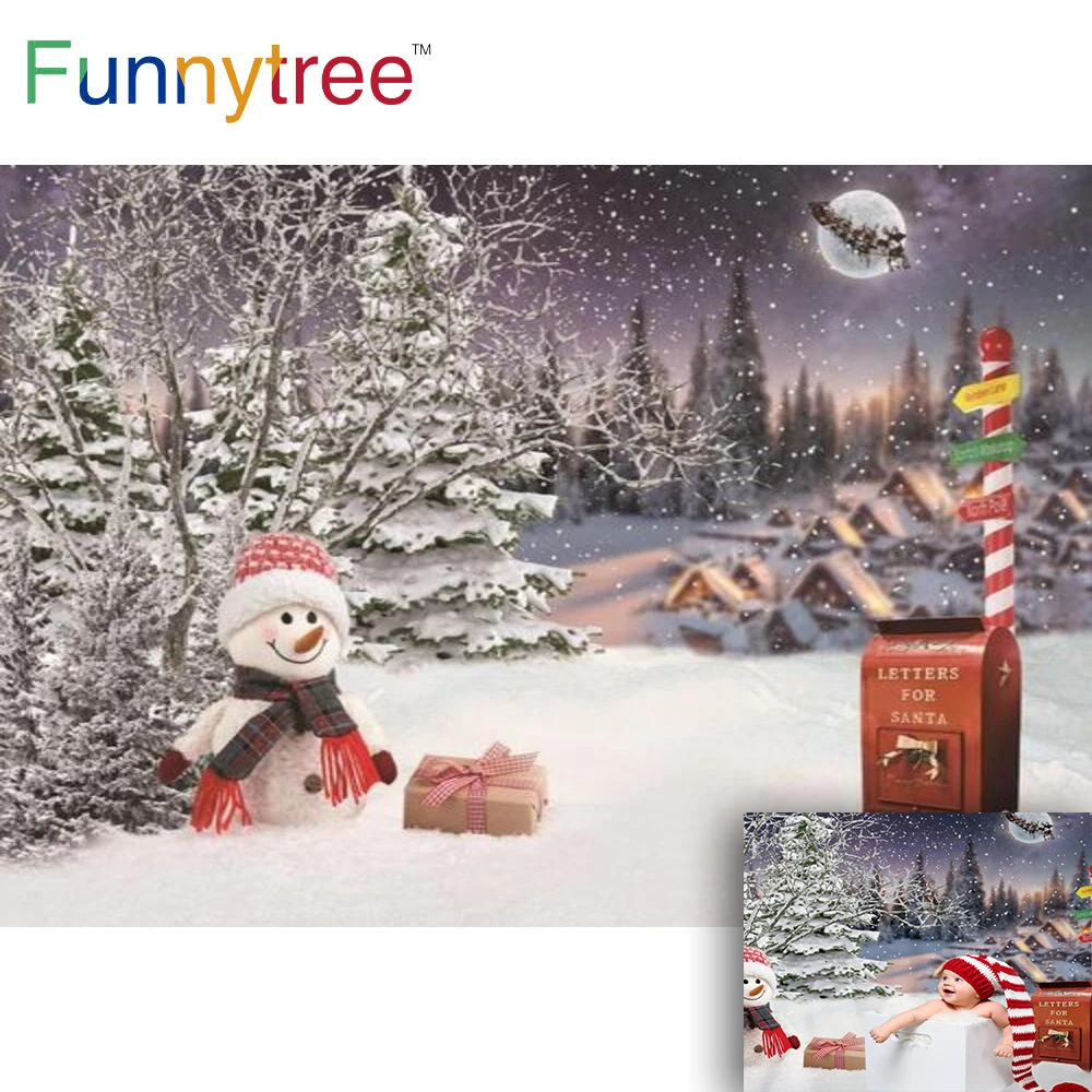 Funnytree Outdoor Weihnachten Dorf Schneemann Winter Hintergrund Nacht Mond Geschenke Mailbox Santa Wagen Bäume Neue Jahr Hintergrund