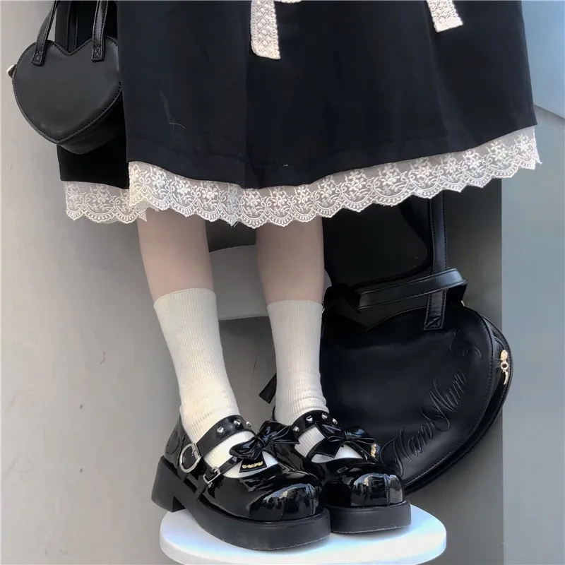 

New Punk Loli Sweet Round Head Big Bow Hot Cosplay Sexy Girl Thick Platform Women Shoes Bowknot Kawaii Lolita Shoes Mid Heel 5cm