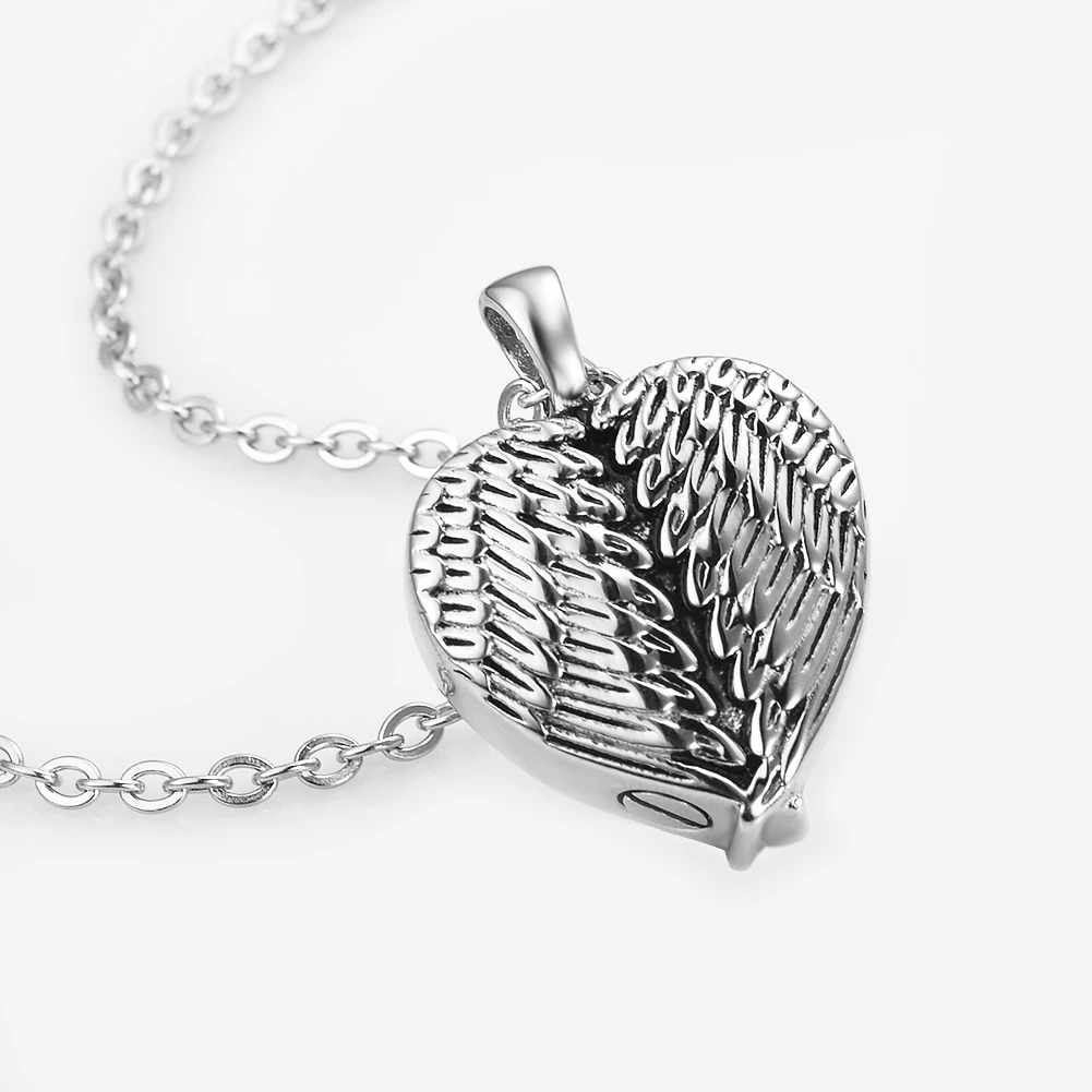 Angel Wings Heart Memorial Jewelry Stainless Steel Cremation Urn Holder Necklace Ashes Keepsake Pendant Hypoallergenic