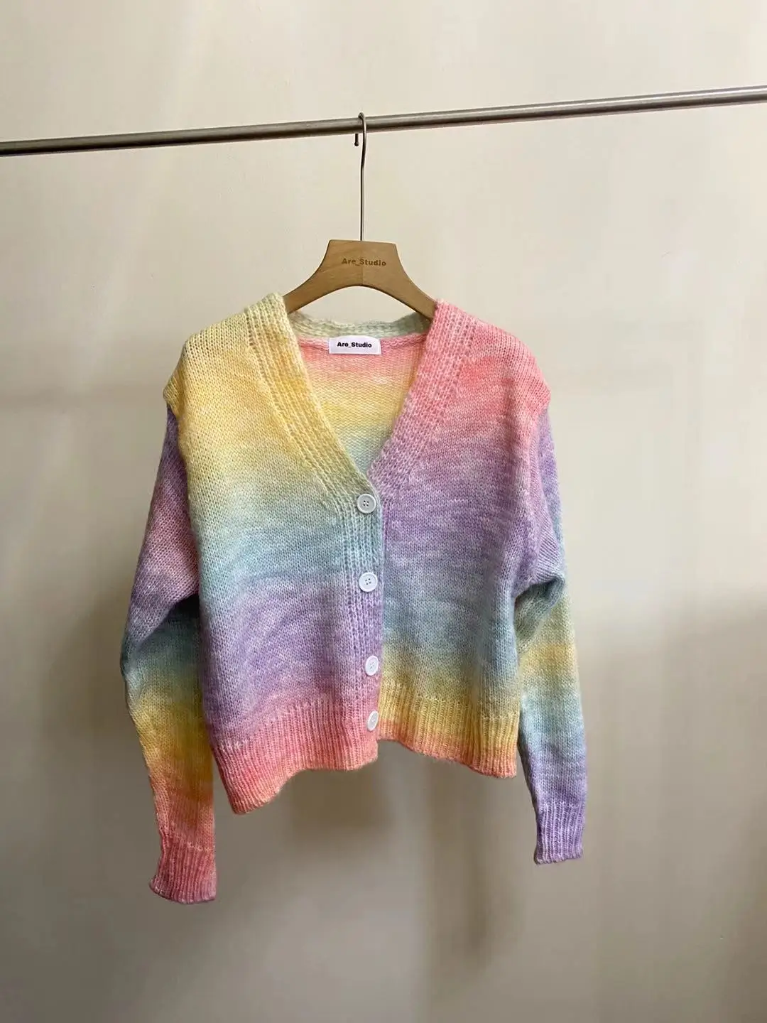 2021 spring new all-match V-neck breasted rainbow color short knitted cardigan jacket women