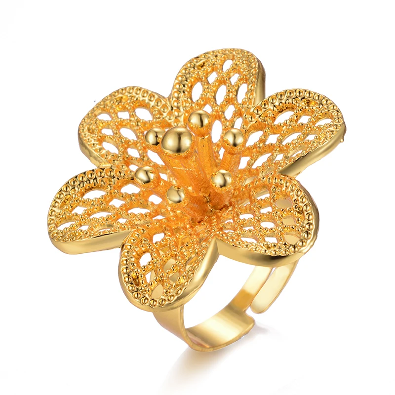 Free Size African 24K Gold Color Ring for Women  Big Flower Rings Jewelry India/Ethiopian/Arabic/Nigerian/Israel Items