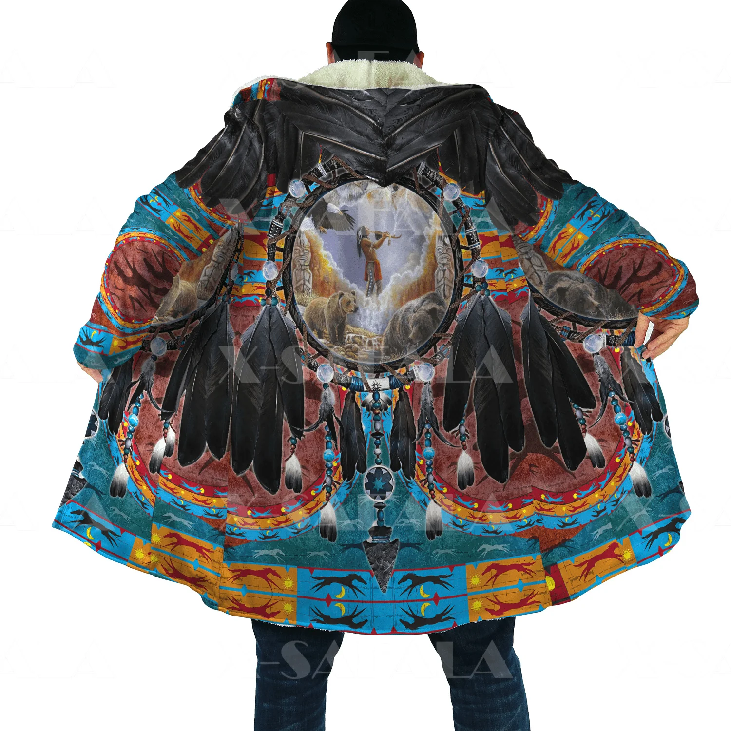 Thick Warm Hooded Cloak for Men Skull Native Feather Totem Overcoat Coat 3D Print  Windproof Fleece Cape Robe Hooded Blanket-23