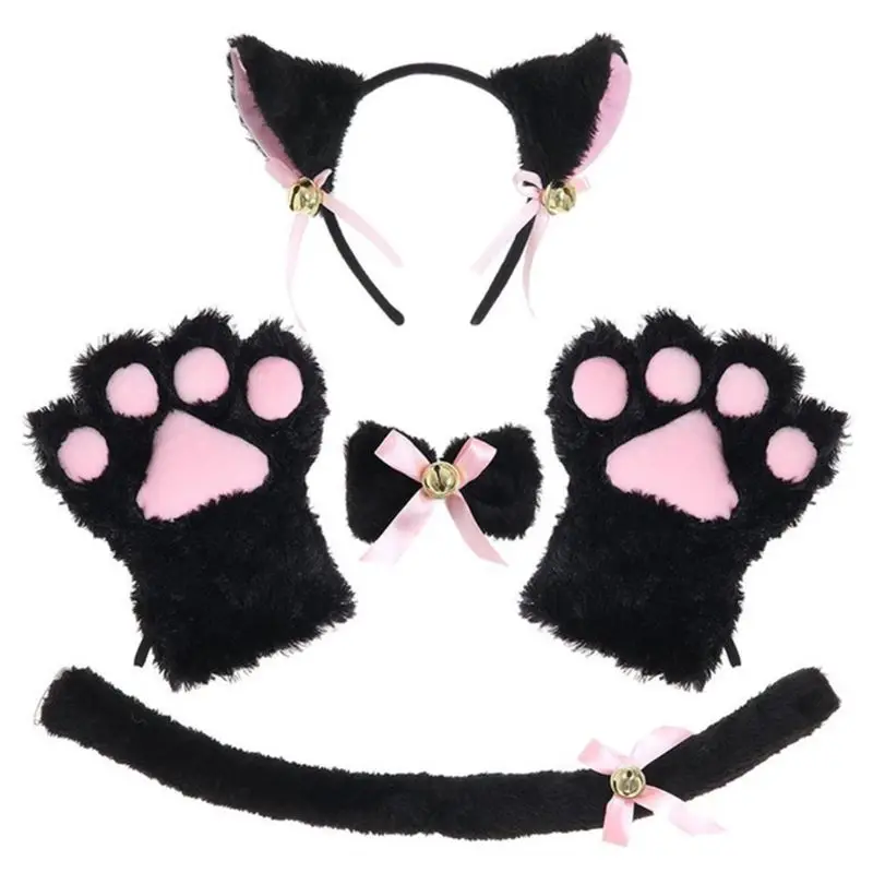 Frauen Dame Katze Maid Cosplay Kostüm Set Plüsch Ohr Glocke Stirnband Bowknot Kragen Choker Schwanz Pfoten Handschuhe Anime requisiten