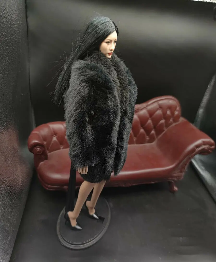 

1/6 Scale Female Soldier Black Long Rabbit Fur Coat Model for 12" Action Doll