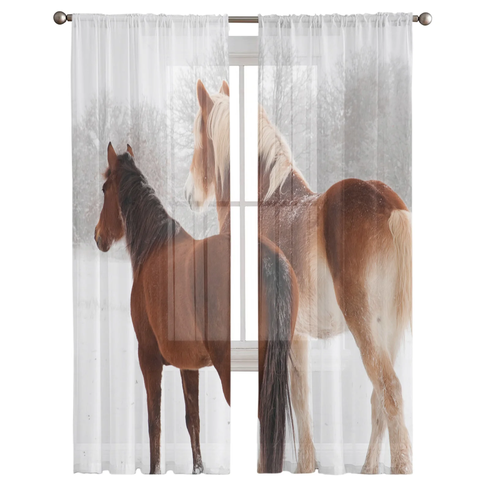 Horse Snow Scene Animal Window Curtains Bedroom Modern Drape Sheer Tulle Valances Living Room Kitchen Voile Curtain