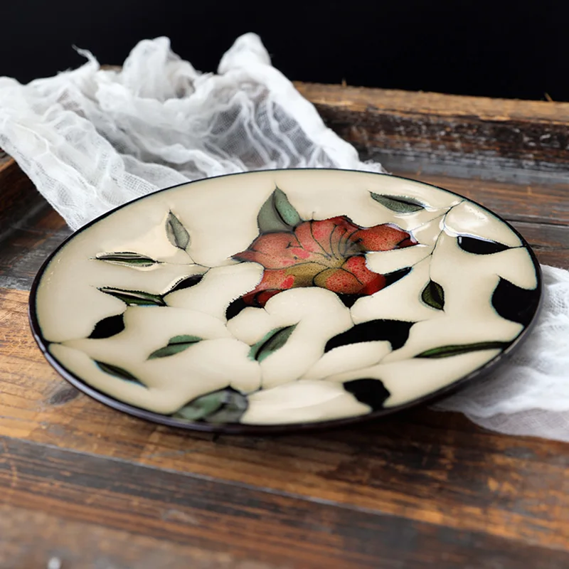 American Ceramic Tableware with Flowers Under Glaze, Porcelain Plate, Steak Plate, Kitchen Dishes, Breakfast Dessert Tray, 1 PC