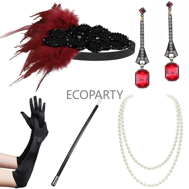 29- 1920s Women Vintage Gatsby Feather Headband Flapper Costume Accessories Set Cigarette Holder Pearl Necklace Earring Gloves