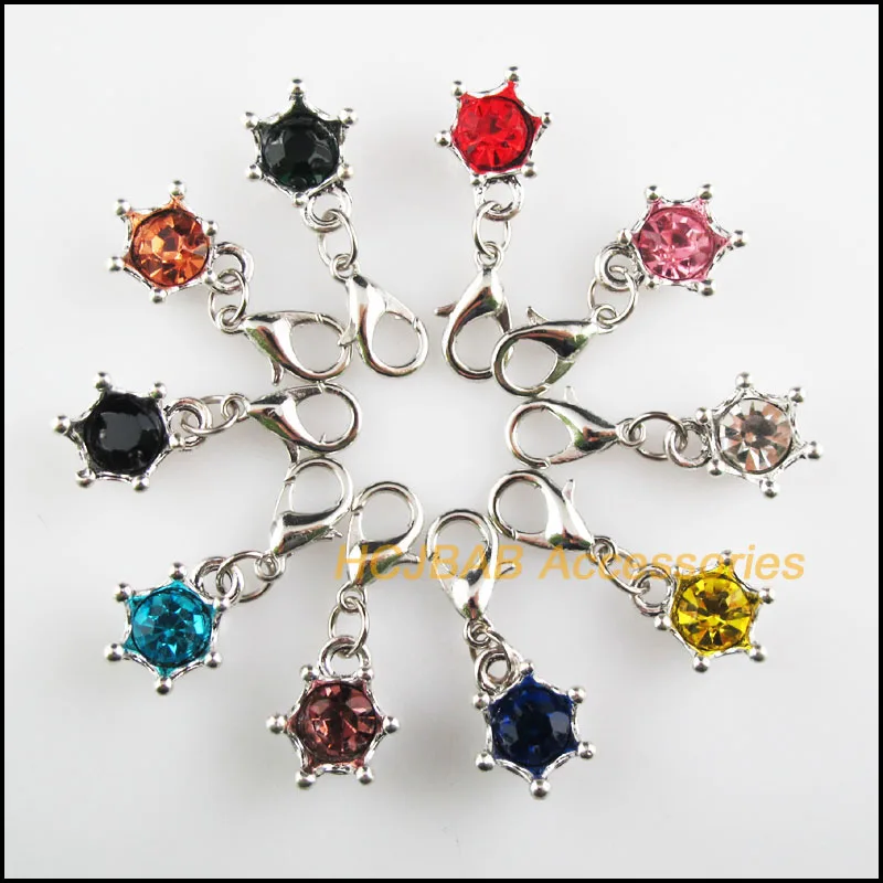 10 New Crown 11x13.5mm Charms Mixed Round Crystal Tibetan Silver Plated Retro With Lobster Claw Clasps