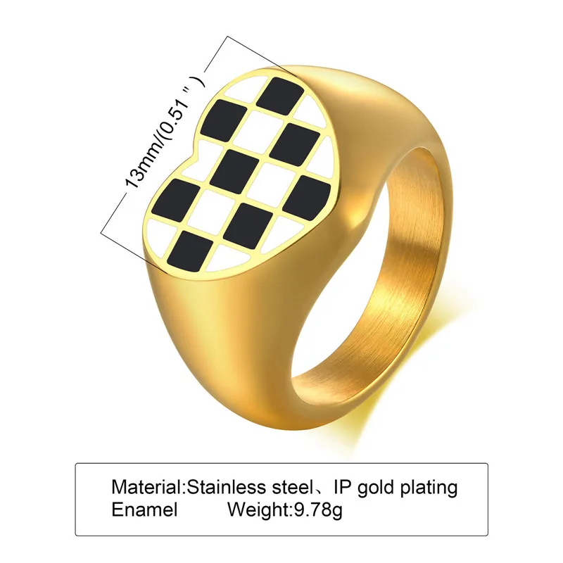 Fashion Black White Checkerboard Grid Rings For Women Classic Heart-Shaped Stainless Steel Wedding Rings Jewelry