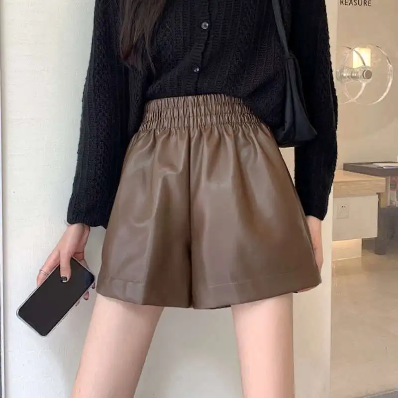 

High Waisted Wide-Leg Shorts Women's Autumn Winter 2021 Streetwear Casual Loose PU Leather Biker Shorts For Women Ladies C7753