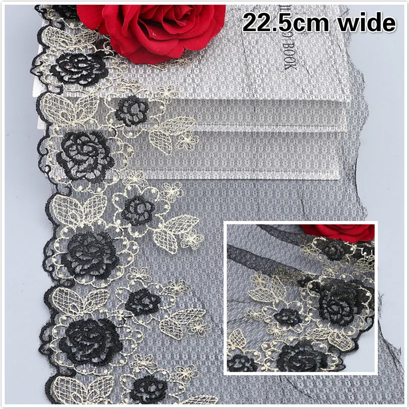 Black Mesh Cloth Gold Thread Embroidered African Lace Fabric DIY Ladies Skirt Cuffs Neckline Cheongsam Underwear Bra Decoration