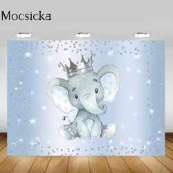 Mocsicka Baby Shower Backdrop Boy Blue Elephant Silver Crown Child Birthday Background Decor Photo Studio Props for Photography