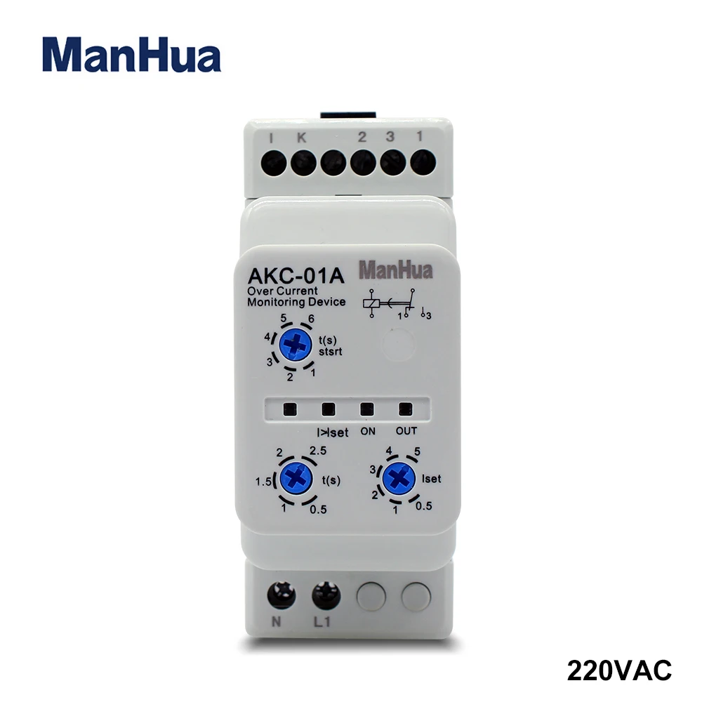 ManHua Din Rail Current Protection Relay AKC-01A 220V 0.5-5A Over current monitoring device Start-up delay 1-6 sn