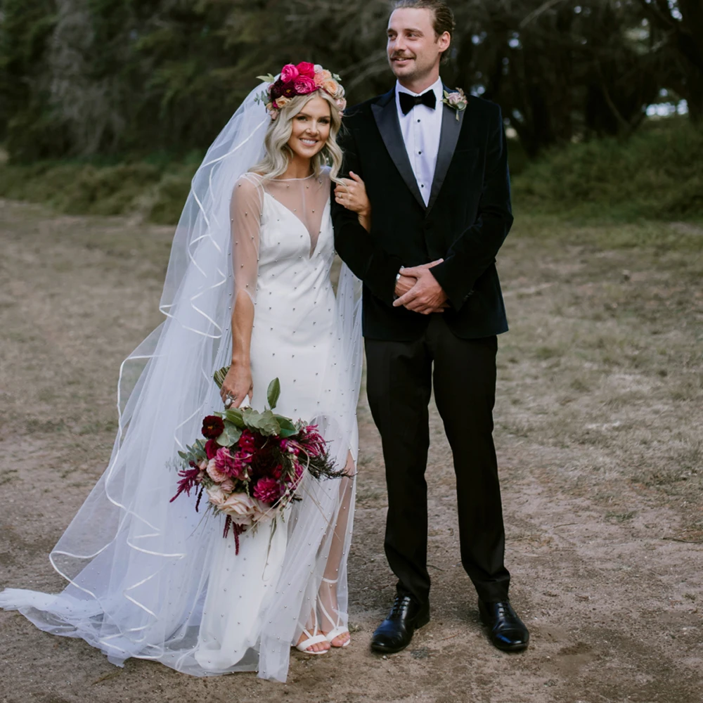 Vestido de novia de manga larga nupcial de dos piezas con perlas, ilusión personalizada, abertura larga de tul, tirantes finos con espalda al aire libre