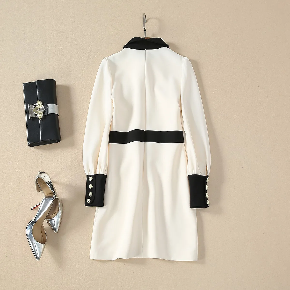 High Quality Designer Nice Nice Runway Women's Long Sleeve Black White Color Block Shirt Collar Pockets Dress