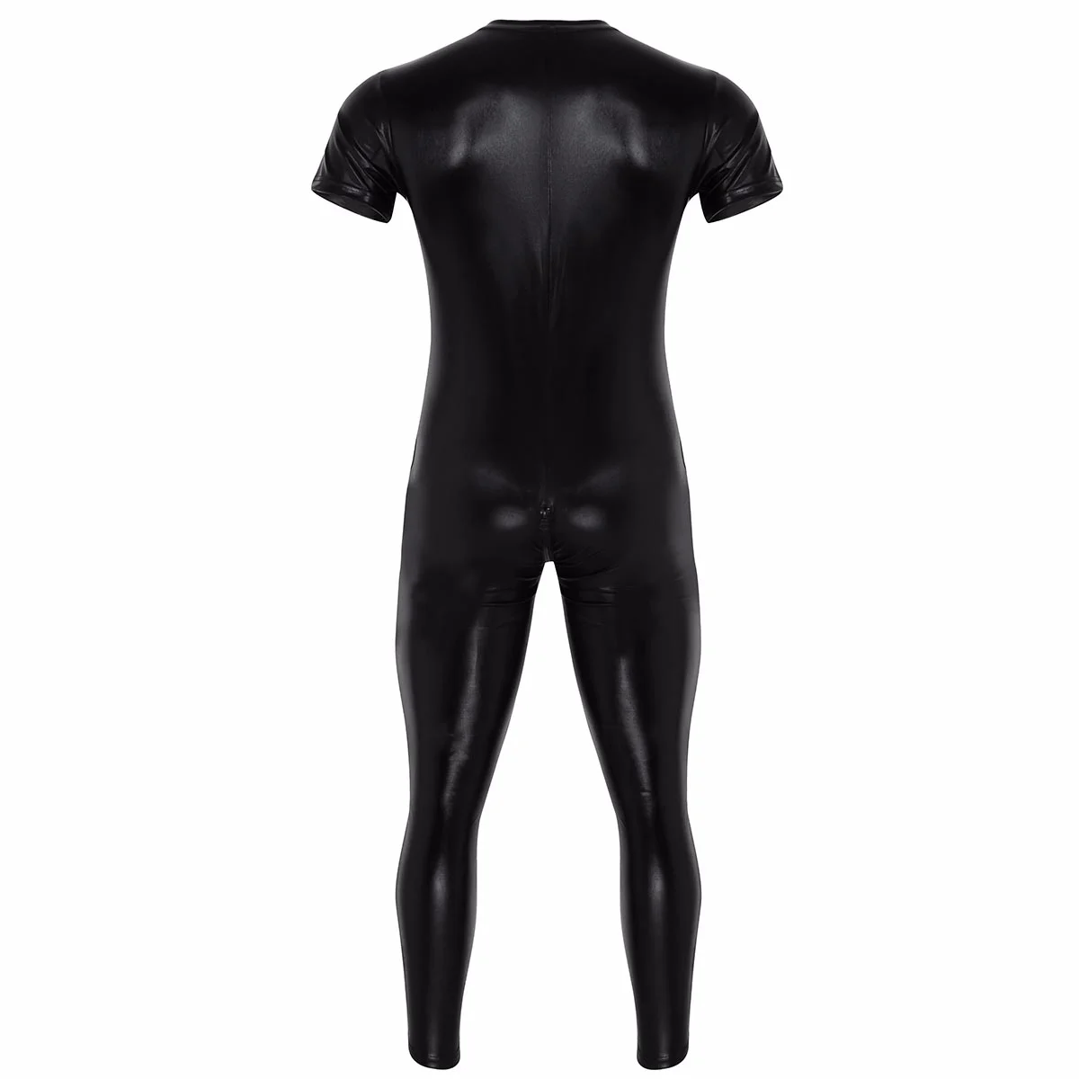 Mens Lingerie Wet Look Faux Leather Full Bodysuit Stretchy Short Sleeves Zipper Crotch Bodysuit for Stage Performance