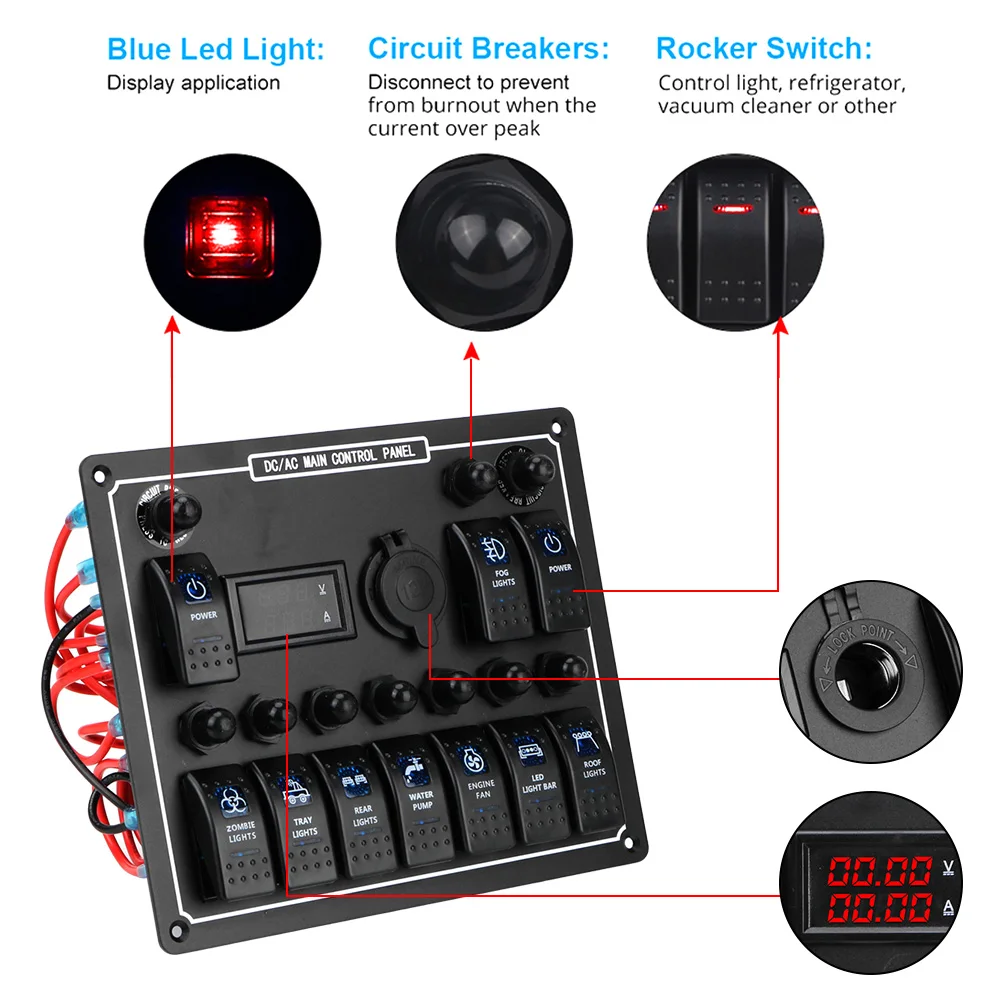 Rocker Switch Panel 10 Gang 15A DC Output Overload Protection LED AC/DC Dual Power Control Waterproof