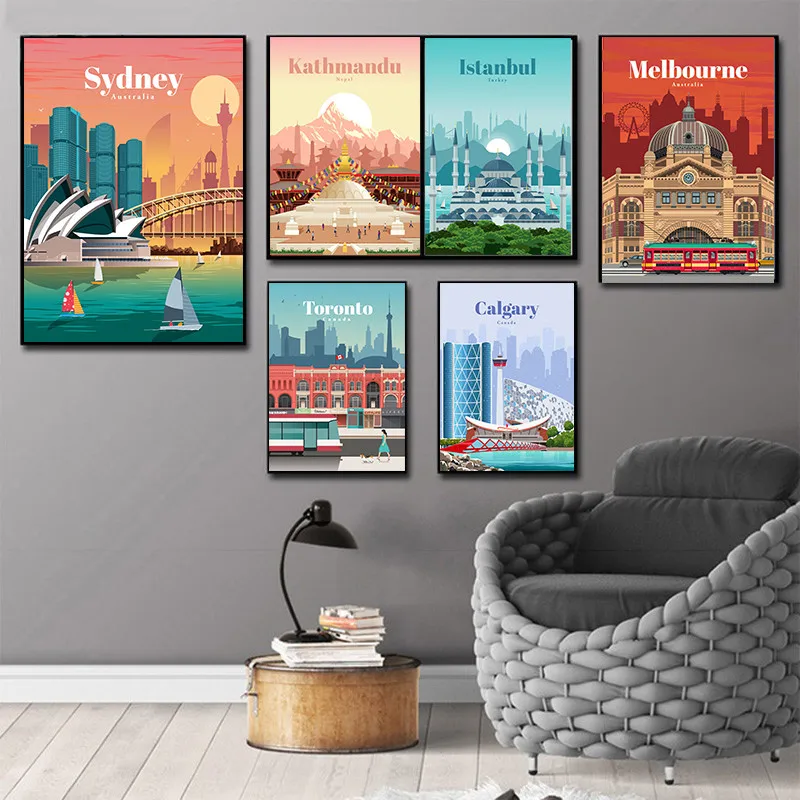 Famous City Travel White Coated Paper London New York Paris Tokyo Landscape Poster Illustration Wall Pictures Living Room Decor