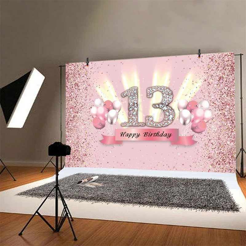 Süßer 13. Hintergrund, rosa Ballon, Roségold, Glitzer, Dame, alles Gute zum Geburtstag, Party, Fotografie-Hintergrund, Fotostudio-Banner