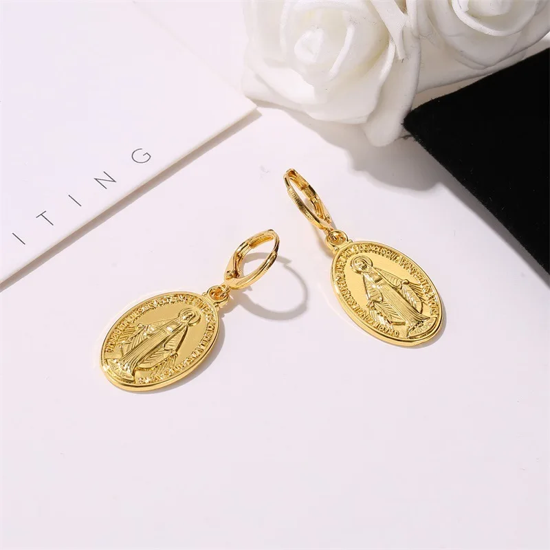 Gold Color Virgin Mary Charm Earrings for Women Geometric Oval Round Earrings Hanging the Madonna Lucky Earrings Jewelry