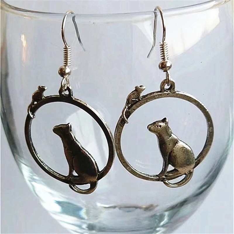 Cat and Mouse Earrings Tibetan Silver Color Animal Jewellery Cute Cartoon Earrings, Dangle Drop Earrings