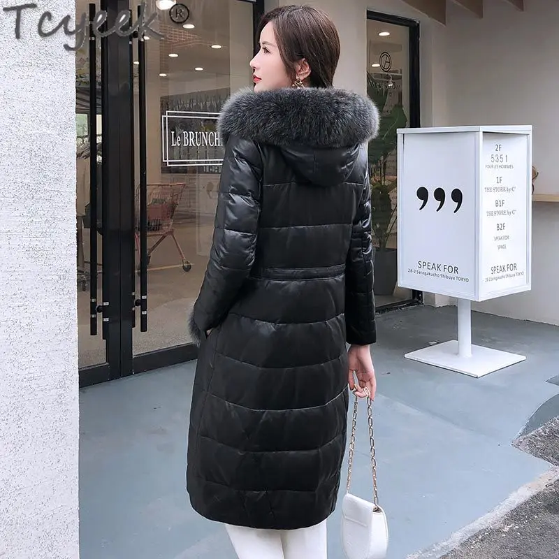 Natural Women's Winter Sheepskin Coat Female Real Fox Fur Hooded Genuine Leather Jacket Women Clothes 2021 Long Coats 009