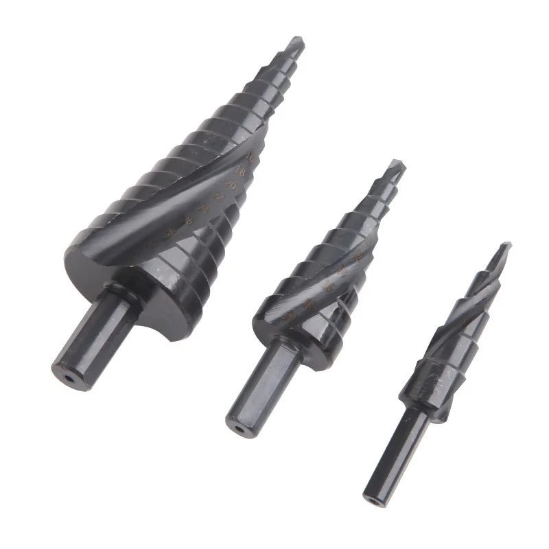 3pcs 4-12/4-20/4-32mm HSS Nitrided Spiral Step Drill Set Wood Metal Reamed Taper Nitrided Triangular Shank Step Drill