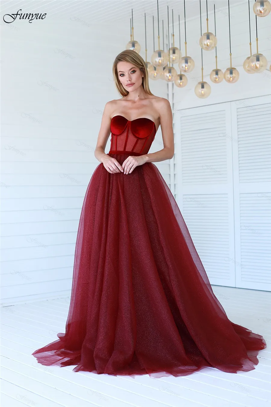 Funyue Sweetheart A-Line Burgundy Prom Dresses Long Sparking Sequin Tulle Women Formal Evening Gown Vestido De Fiesta De Boda